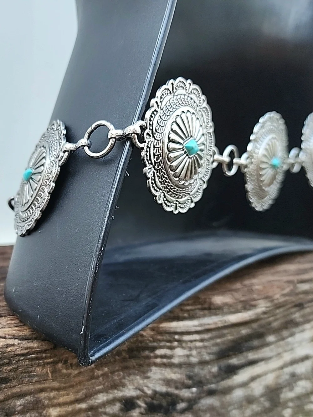 Silver Concho Chain Waist Belt with Turquoise Stone Accents